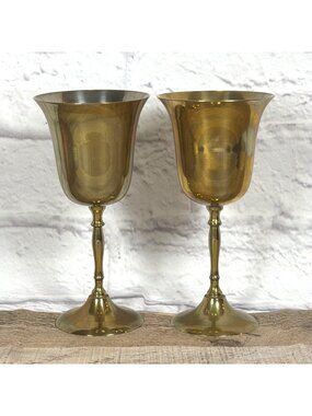 VTG 1970s Mixed Metal Brass & Silver Tone Pair Wine Goblets Set of 2 MCM Barware